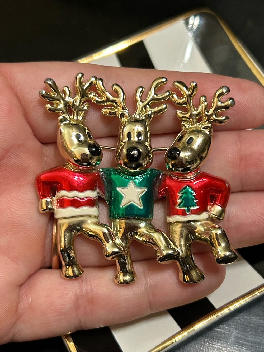 Vintage AJC Reindeer Christmas Brooch Gold Tone Red Green Enamel Holida